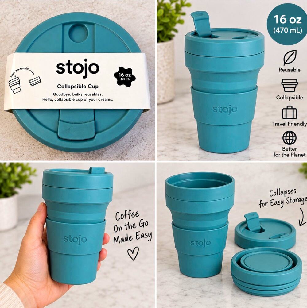 Stojo Collapsible Cup w/ Lid 16 oz Blue Silicone BPA-Free